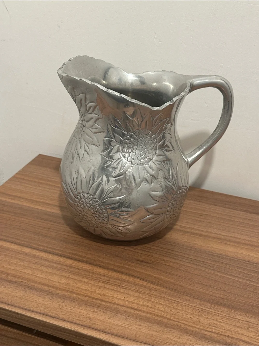 Embossed Sunflower Pitcher - Silver Metal Decorative Vase